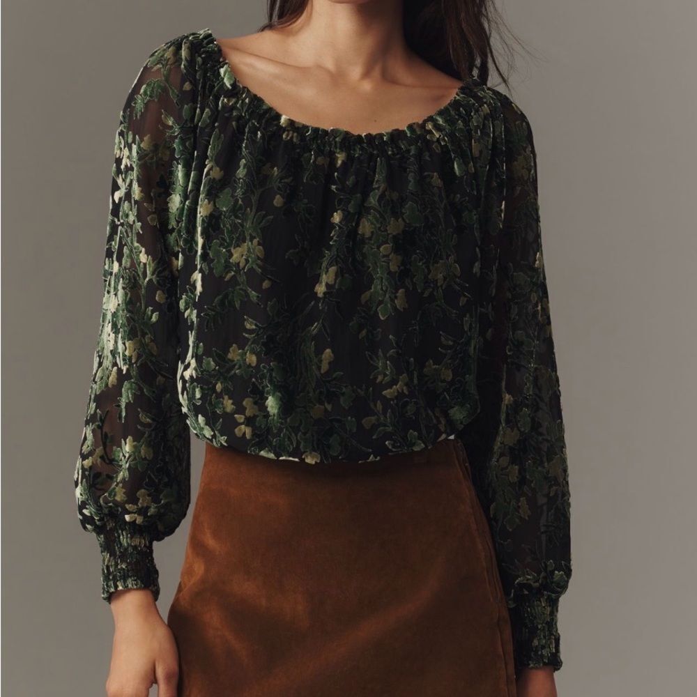NWT By Anthropologie Off-Shoulder Burnout Velvet Blouse Green Black Size Small